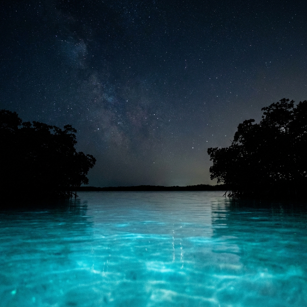Glowing turquoise bioluminescent water at Mosquito Bay in Vieques, Puerto Rico, under a starry new moon sky framed by mangroves