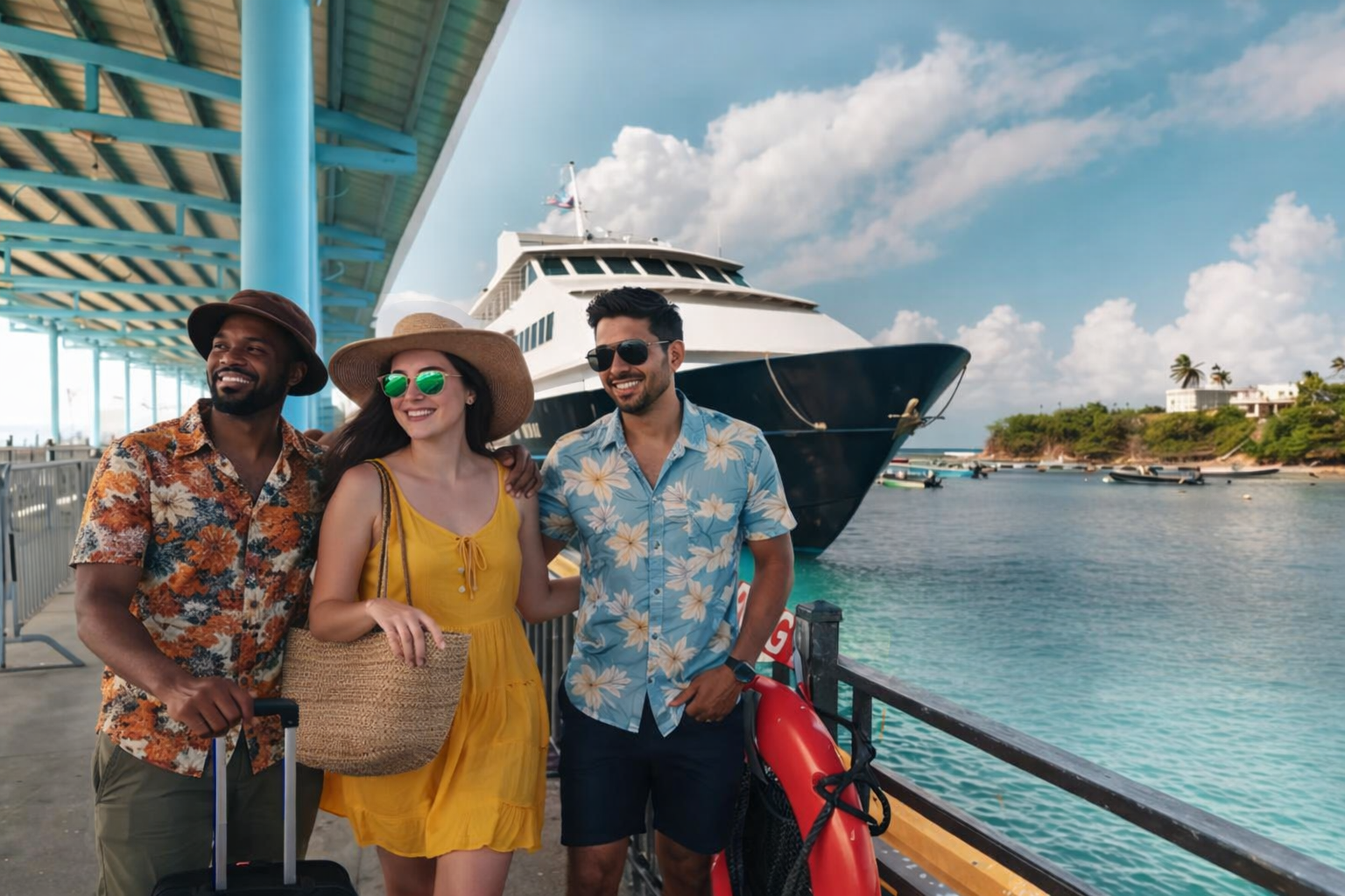 Three travelers with luggage arriving at the Vieques ferry terminal, steps from Coqui Car Rental's Jeep pickup office