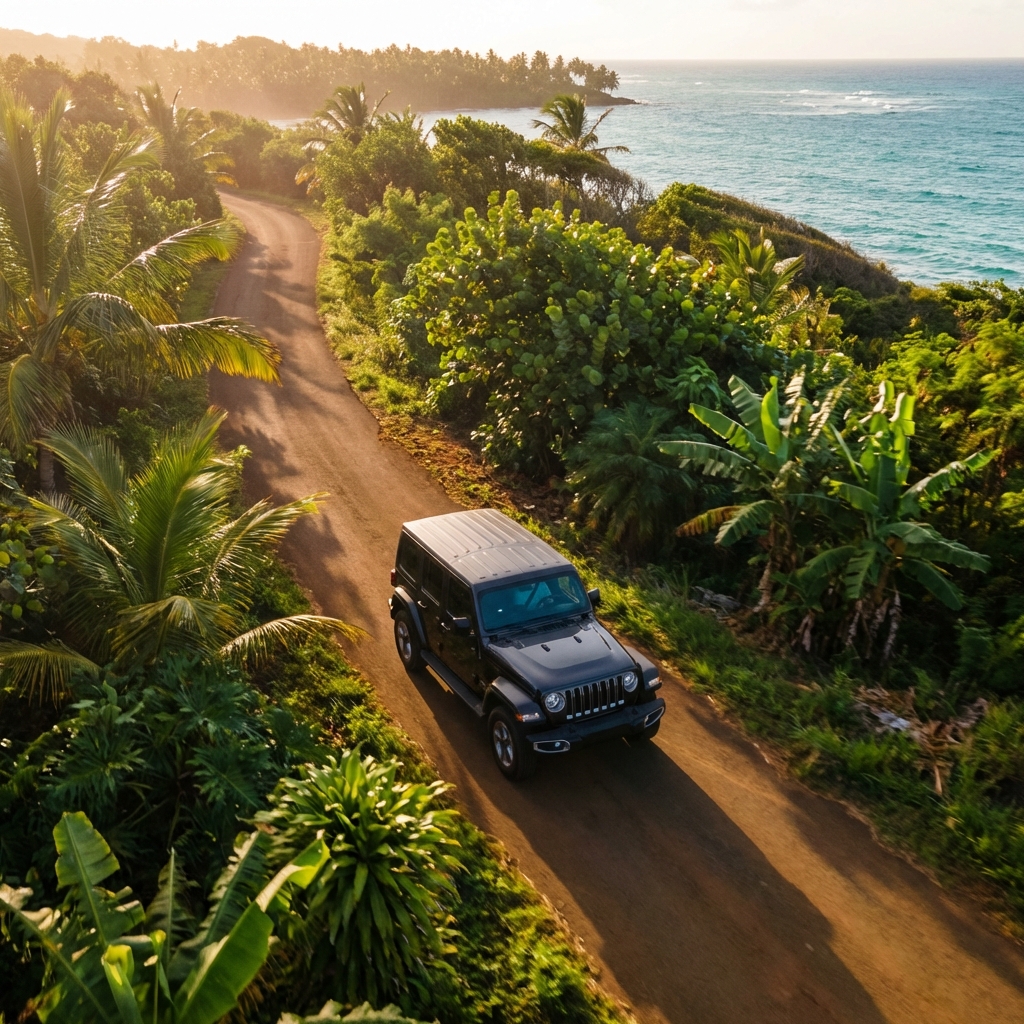 Black 4-door Jeep Wrangler driving on a coastal road past palm trees and ocean in Vieques, Puerto Rico